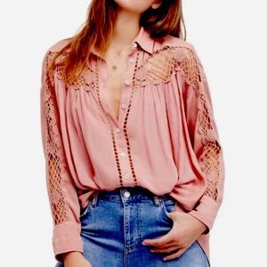 Nwt Free People Katie Bird Tunic Blouse Size Large Crochet Trim Salmon Pink